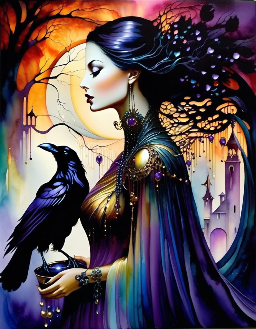 Ethereal lady in fantasy setting. Full-length. Ravens are picking at her heart  by @undefined