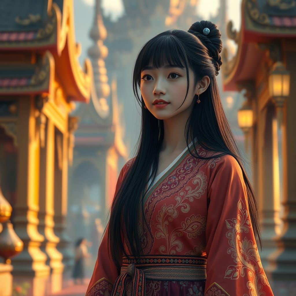 Korean Girl in Thai Clothing at Buddhist Temple