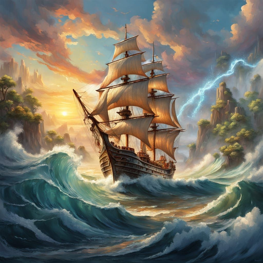 A highly detailed fantasy painting of a serene ocean scene captured inside a transparent glass bottle. Dramatic and mystical. A majestic sai...