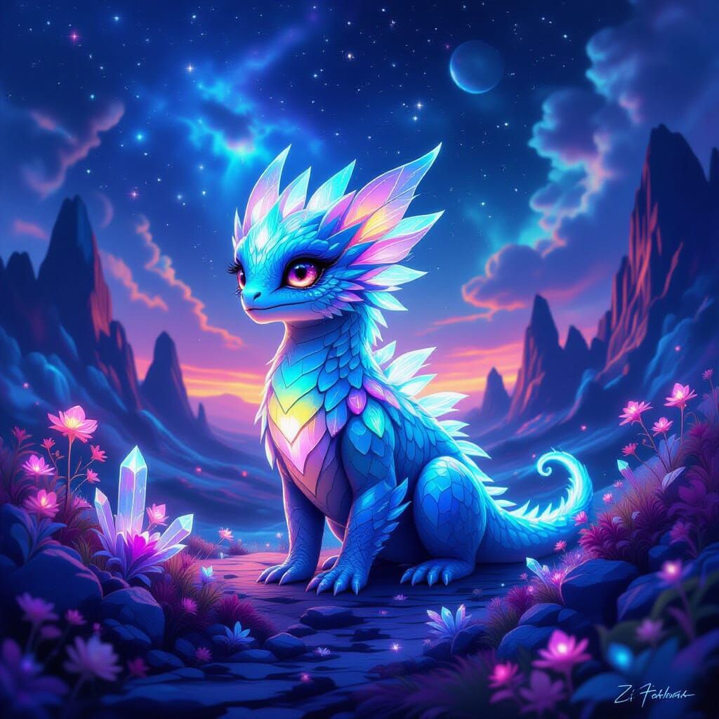 Bioluminescent Creature in Otherworldly Landscape Digital Pa...