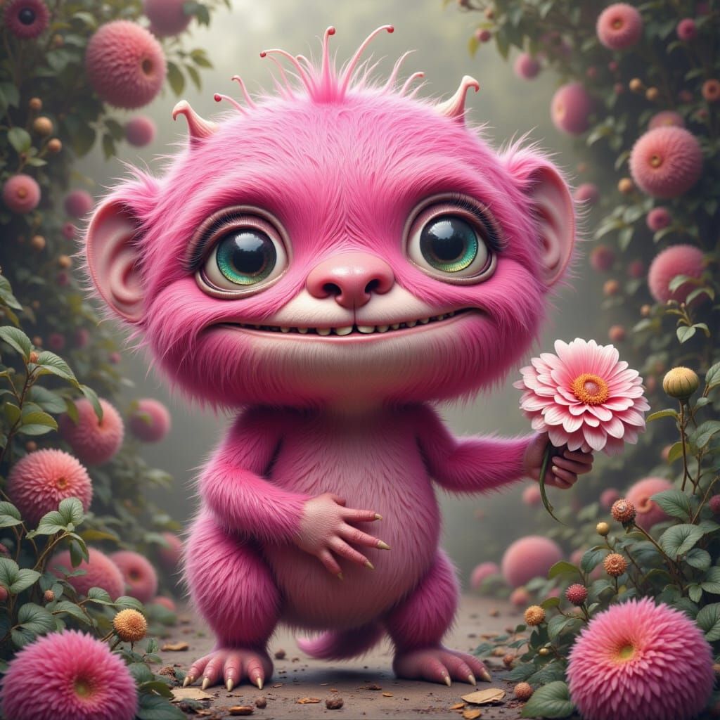Ethereal Pink Monster Holding Flower in Misty Fantasy