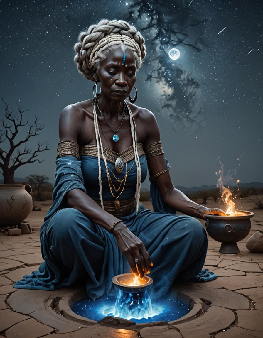 Goddess with Cauldron in Starry Night: Hyperrealistic Photog...