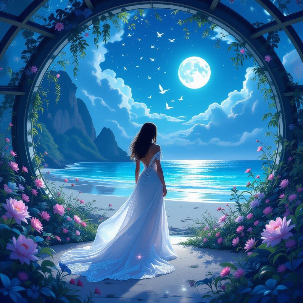 A lone woman surrounded by a bioluminescent light inside a vast, crystalline dome. a light glows from ...  by @undefined