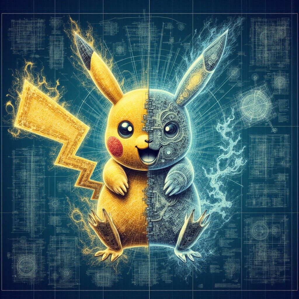 <lora:Rough Schematic:1.0> Imagine an insanely detailed schematic of the powerful energy as shown from within an angry Pikachu, in the style...