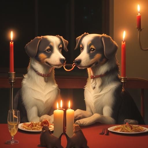 male & female dogs eating dinner by candle light with both e...