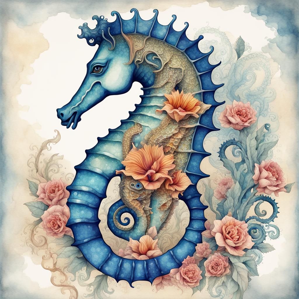 very beautiful antik seahorse with beautiful majestic women,...