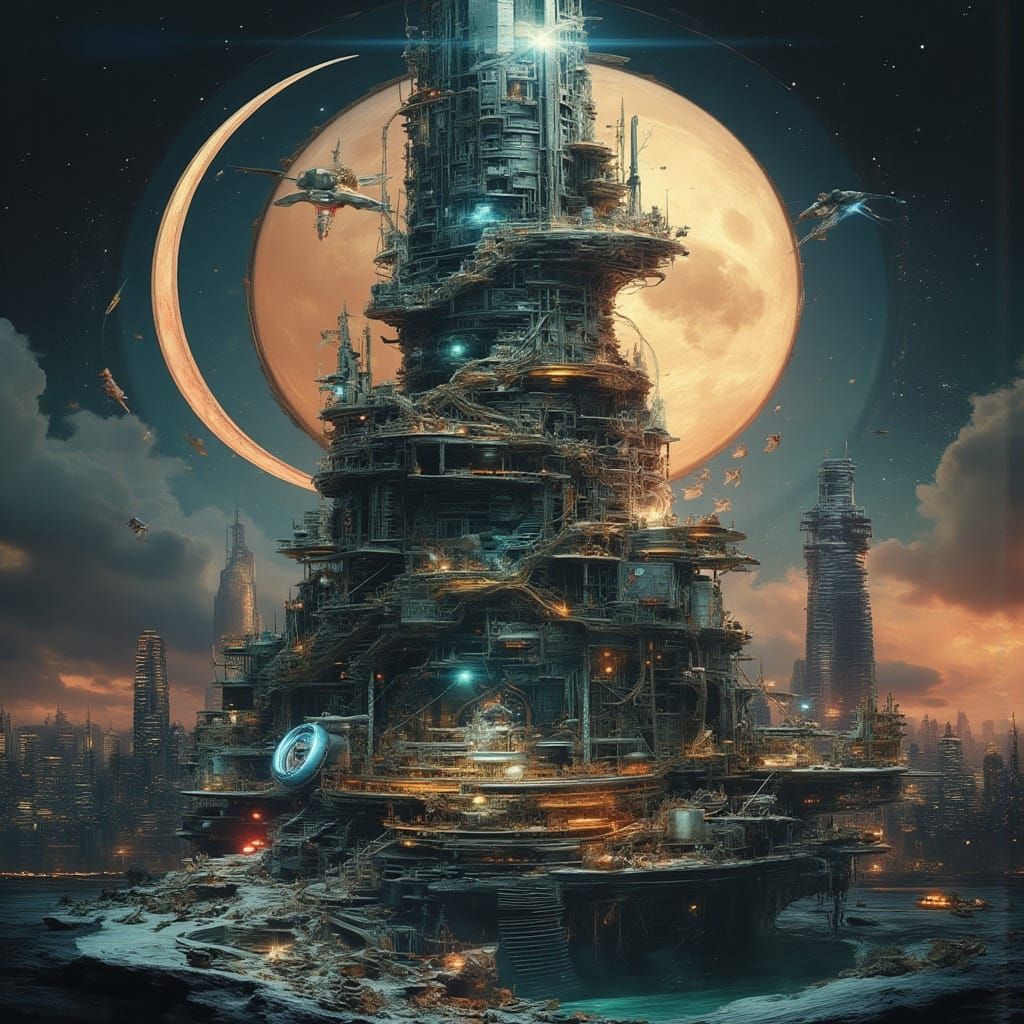 <lora:Bird Collage:1.0> <lora:Ornate:1.0> massive futuristic megacity on a tall sea stack, lights in windows by , galactic sky, moons, boats...