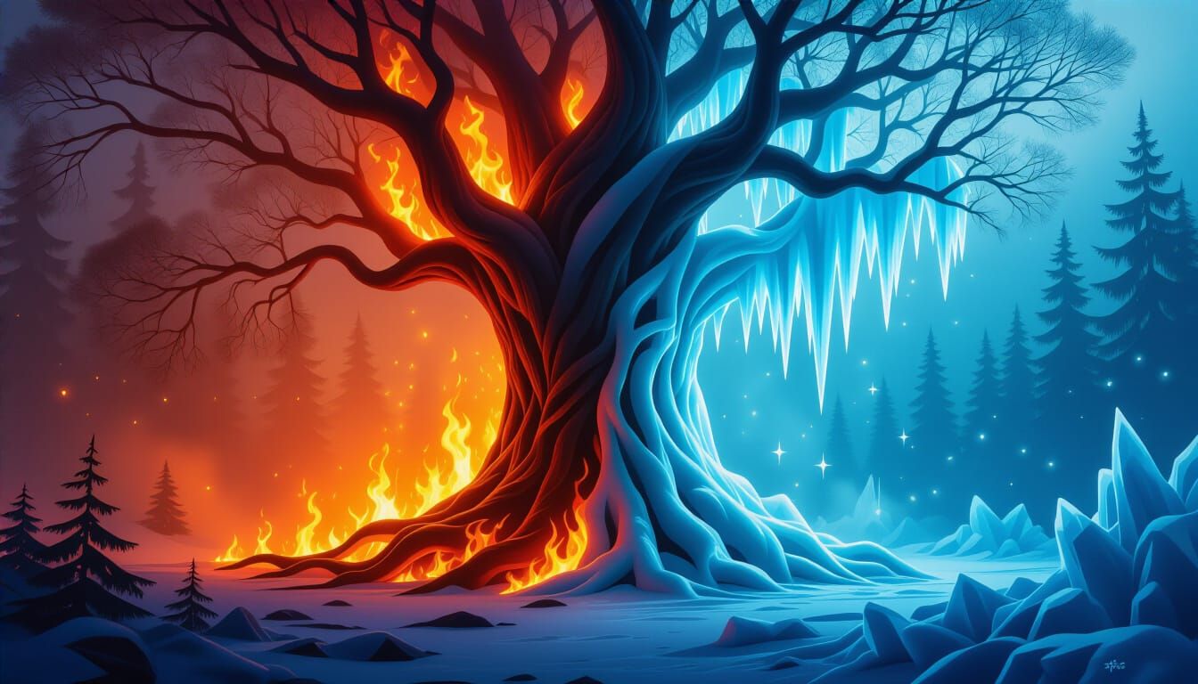 An enormous tree with half of its branches aflame in fire and the other half frozen in crystal ice, yet both sides thrive together. Magical ...