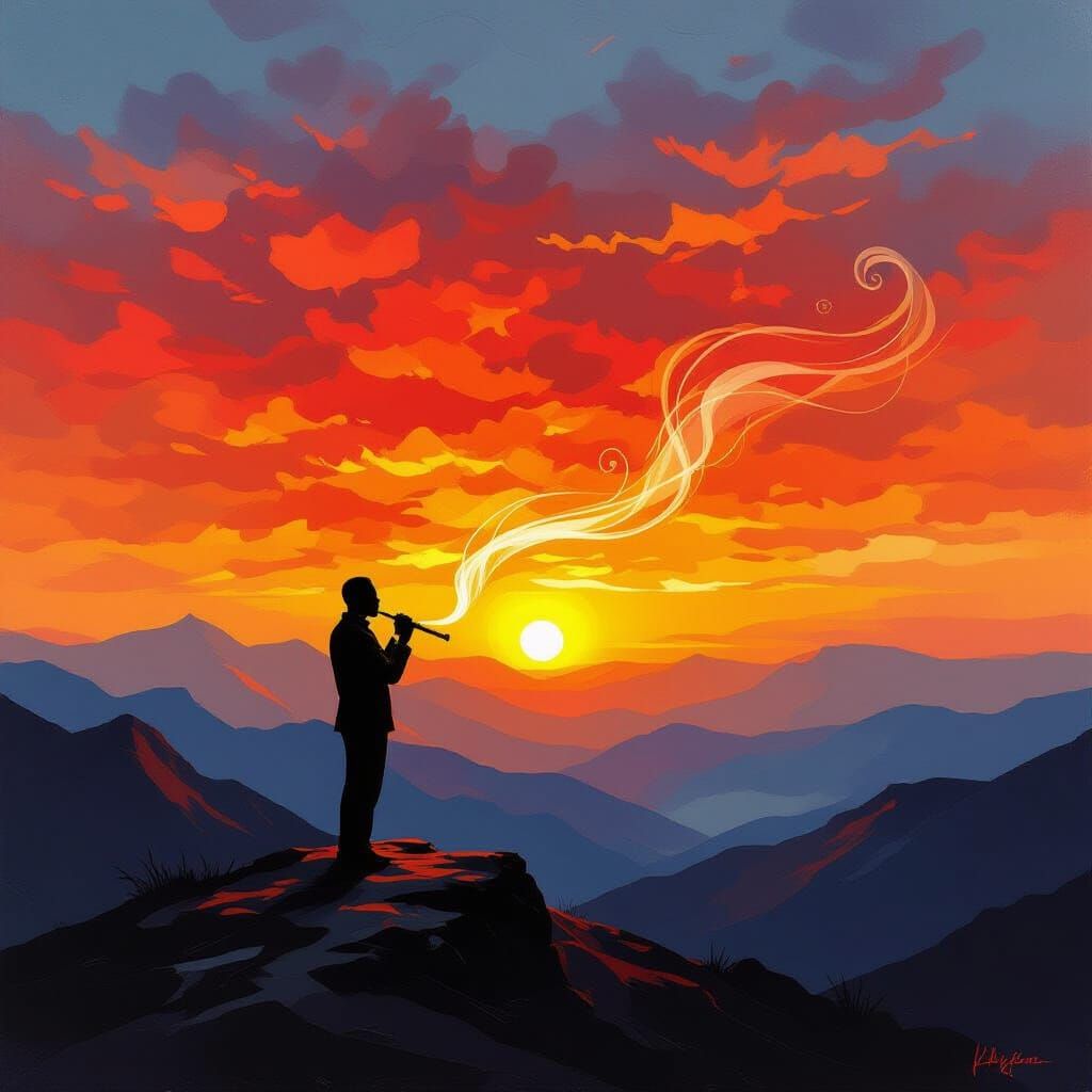 Man Plays Flute Against Dramatic Sunset Oil Painting