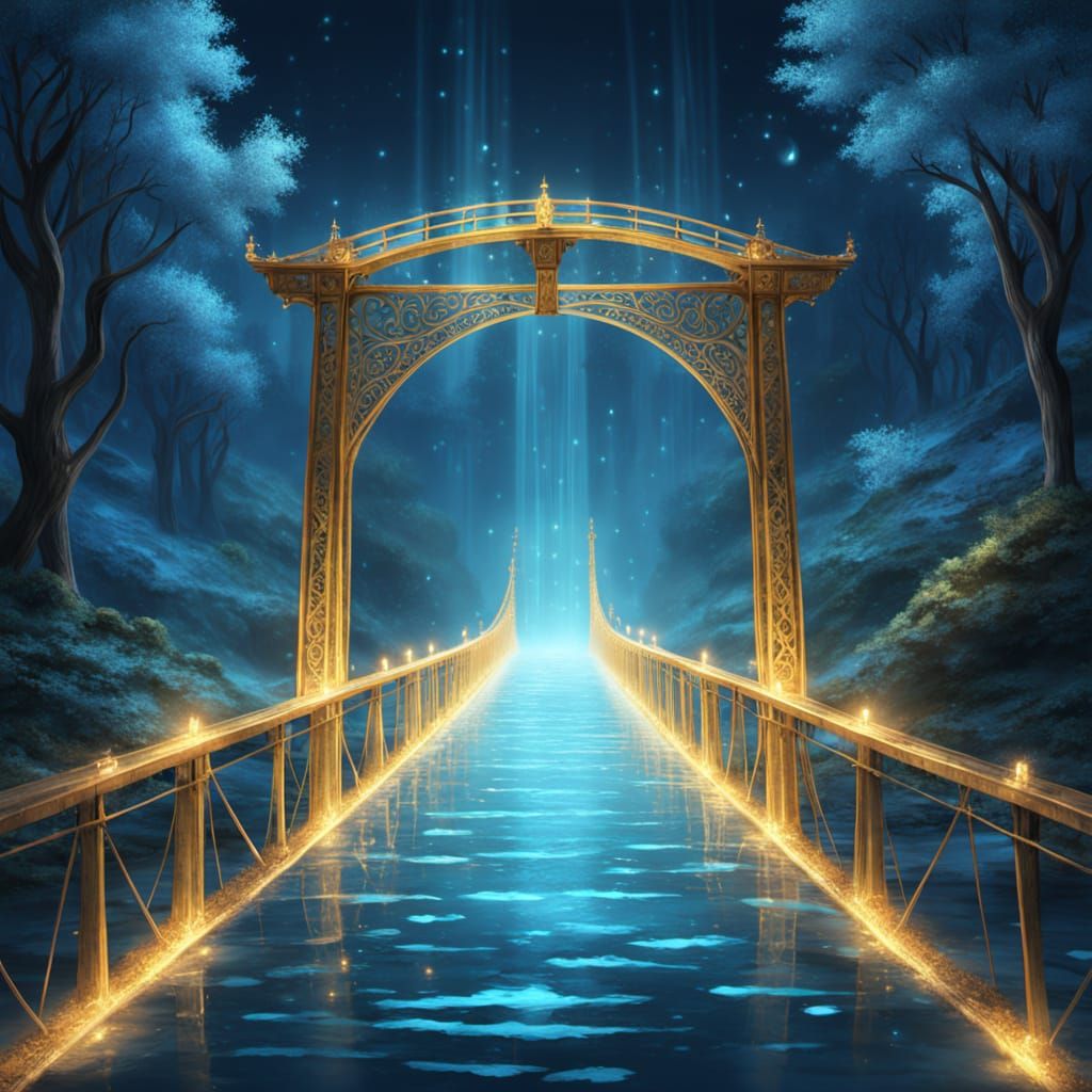 Bridge of Light Over Glowing River with Sparking Footsteps