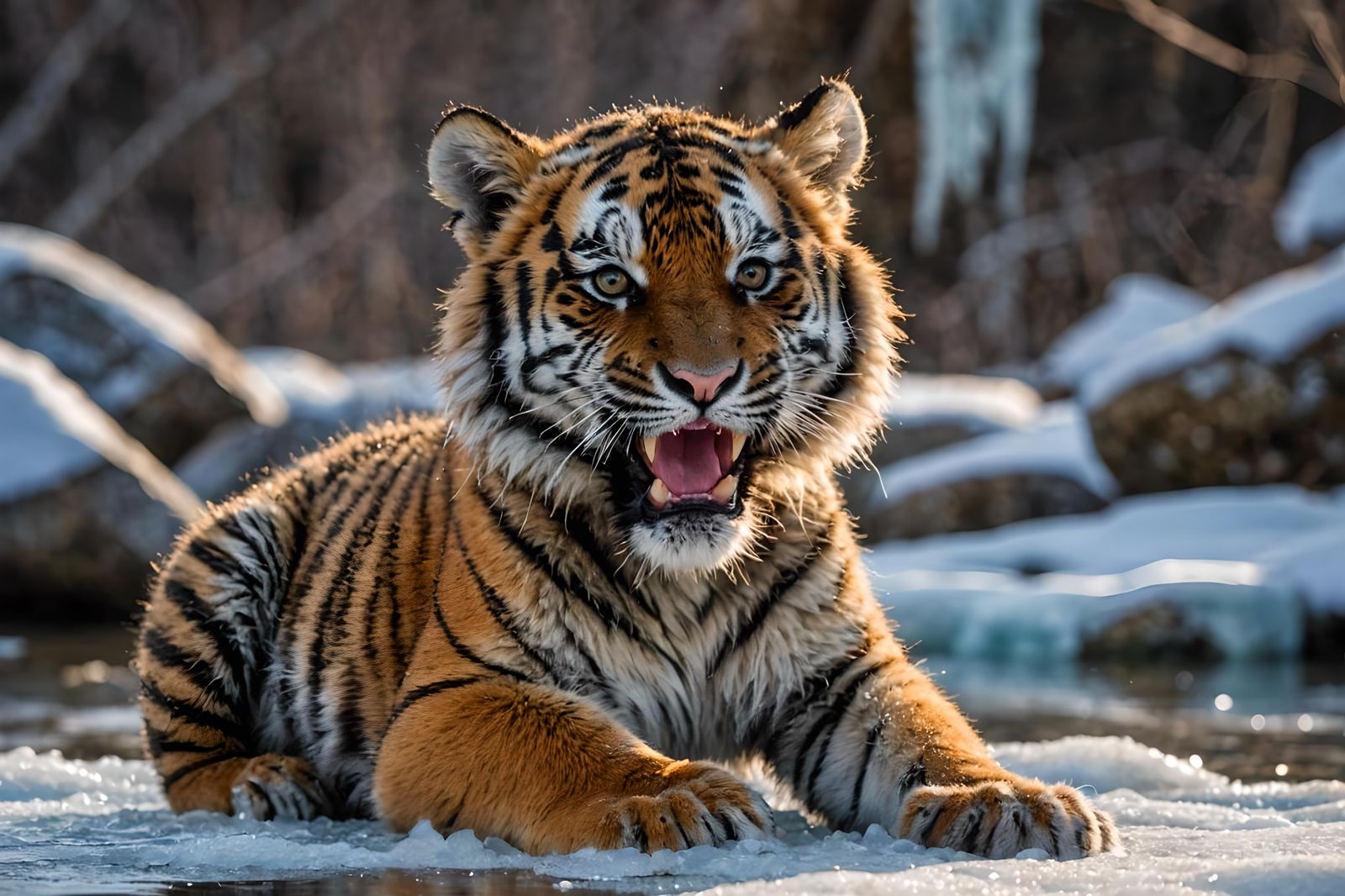tiger cub yawning and stretching, blurred frozen river, ice columns, nikon d850, stock photography film, ...  by @seikoshinko