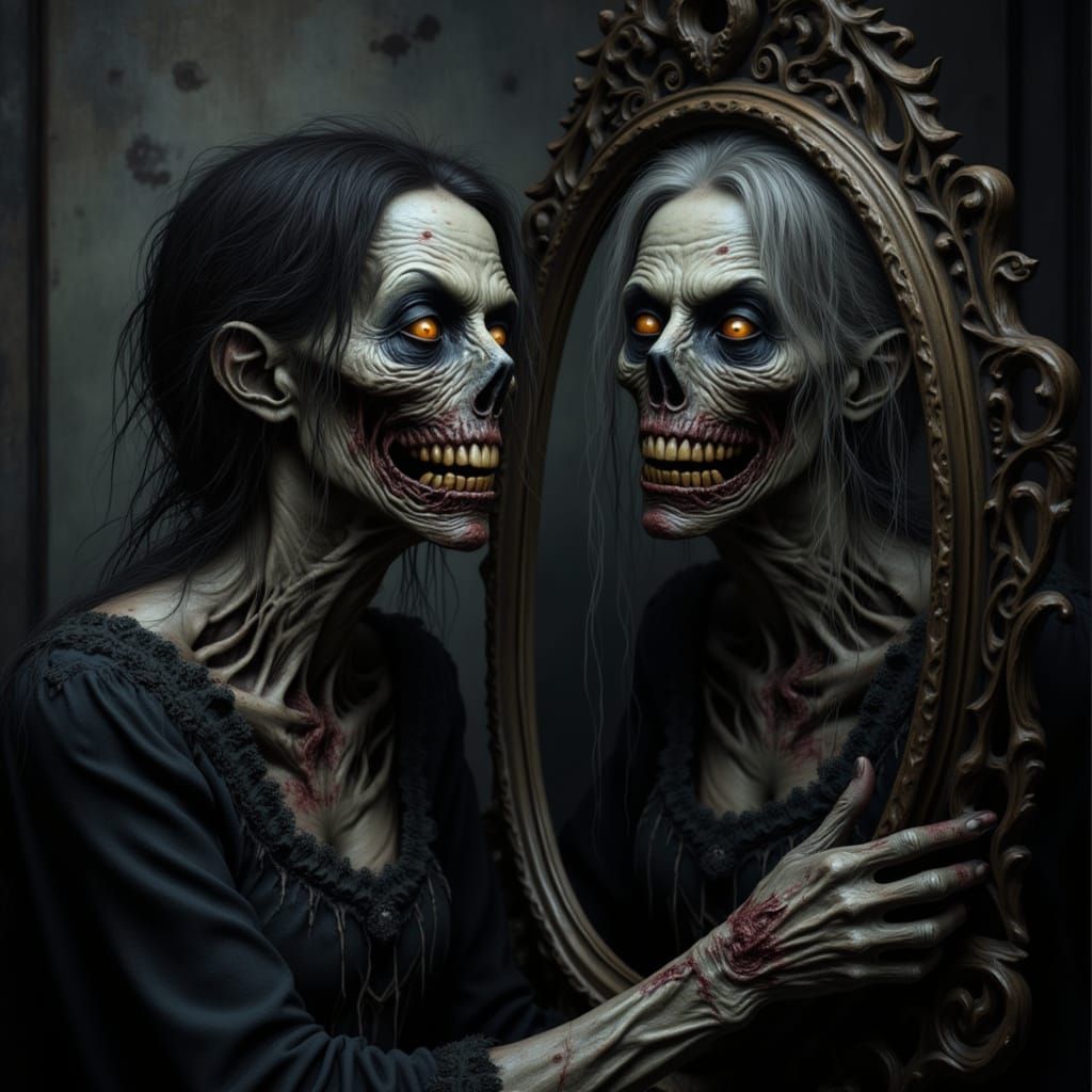 Female zombie close up portrait. Looking in mirror, smiling. Pointillism. <lora:Zombies1:1.0>