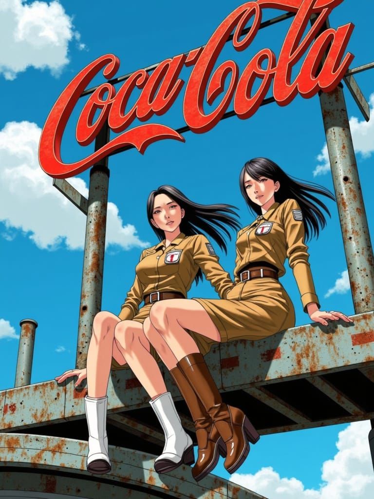 Surreal Anime-Inspired Scene of Young Women in Military Atti...