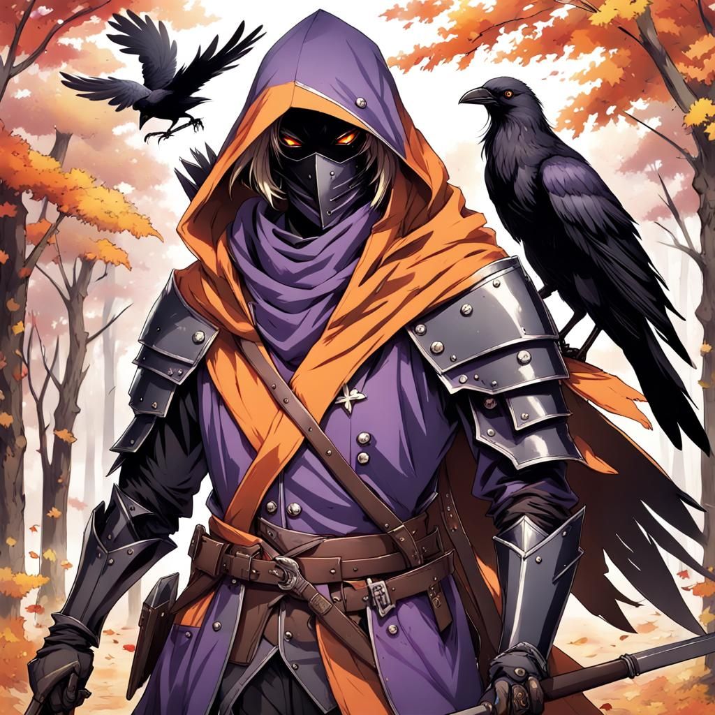 crow humanoid, armor knight, fall autumn, orange, brown, pur...