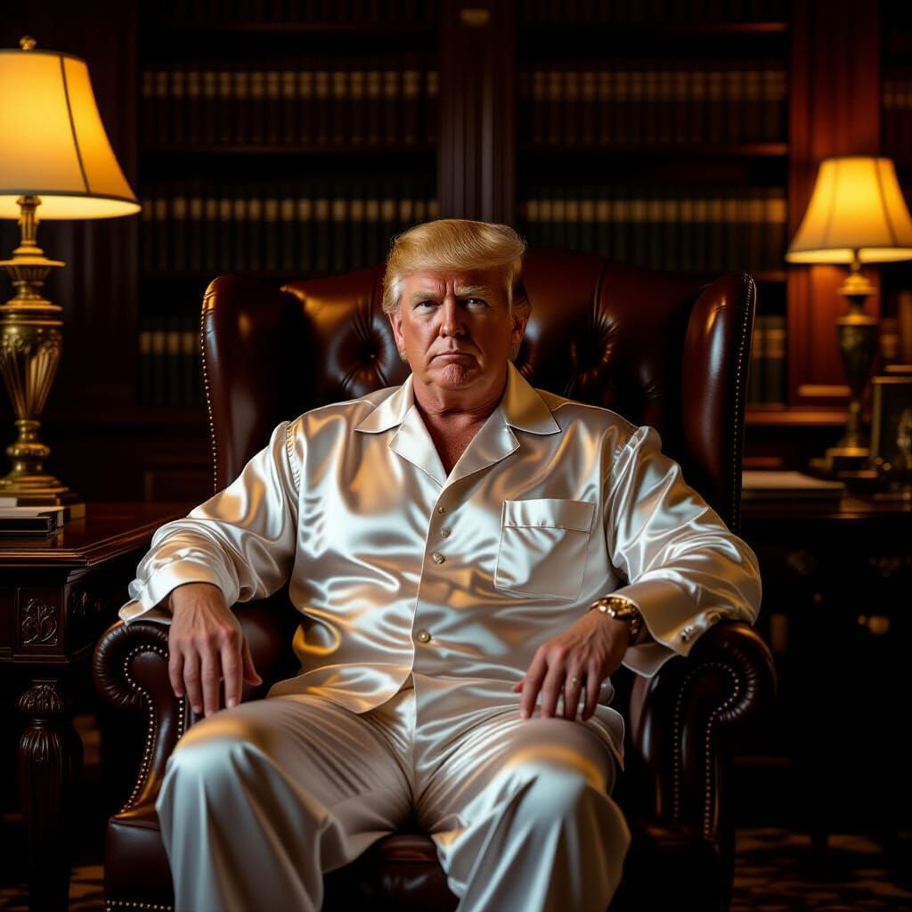Donald Trump in Luxurious Pajamas in Dimly Lit Study