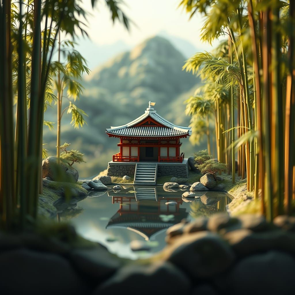 Japanese Temple Diorama in Vaporwave Style
