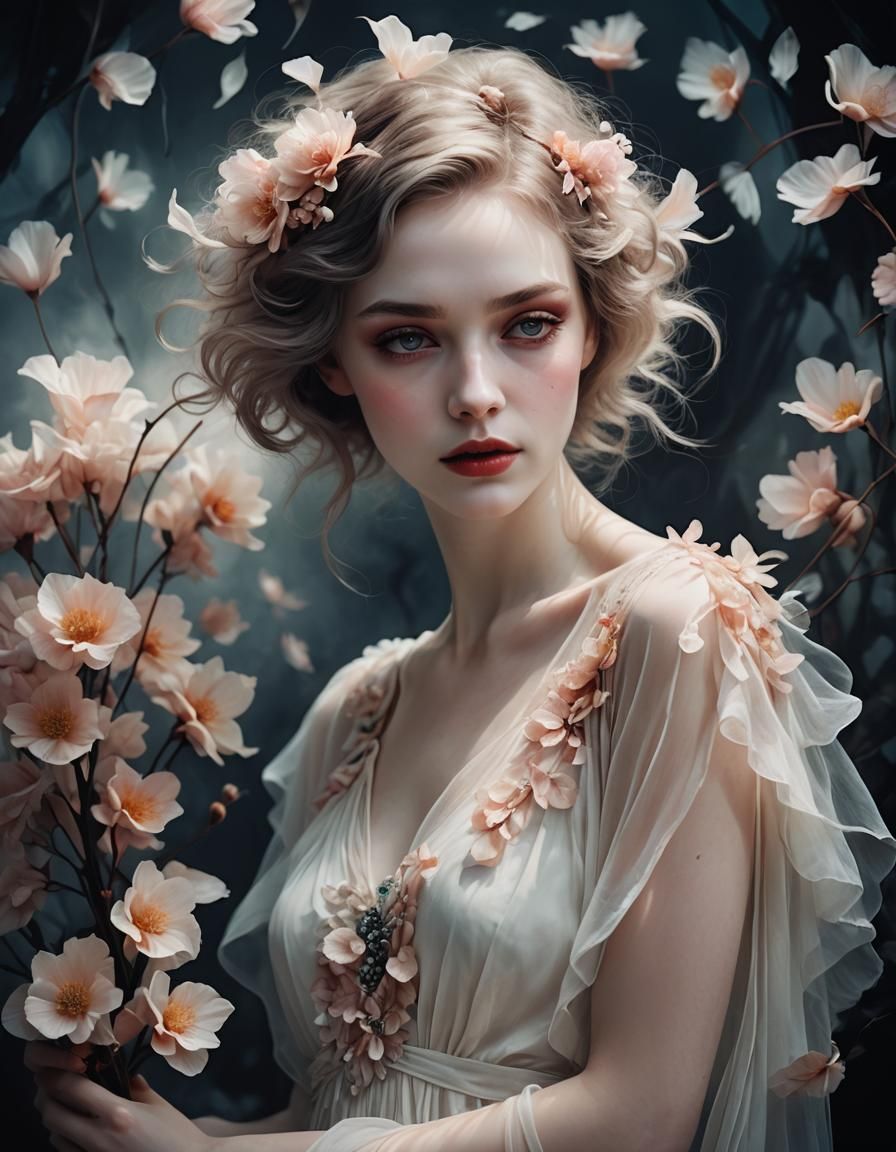 Very beautiful young Woman, pale skin, wispy hairstyle, deep...