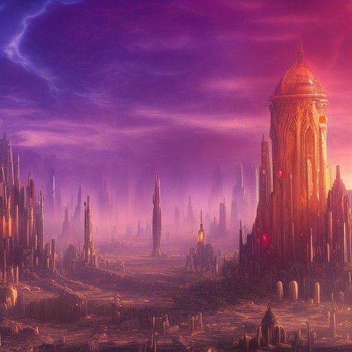 Desert city with towers of stained glass surrounded by magic...