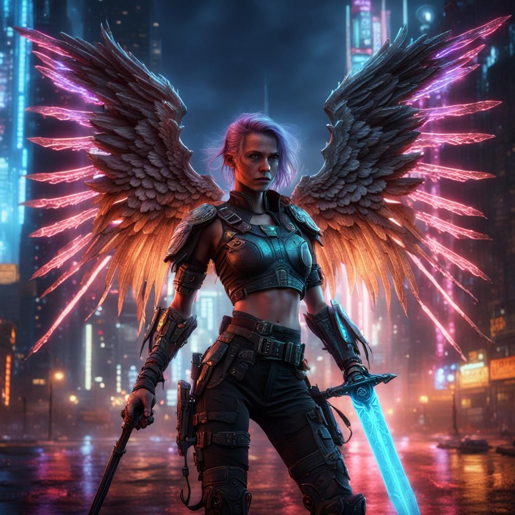 female angel front. metal wings. cyberpunk. neon lights. cit...