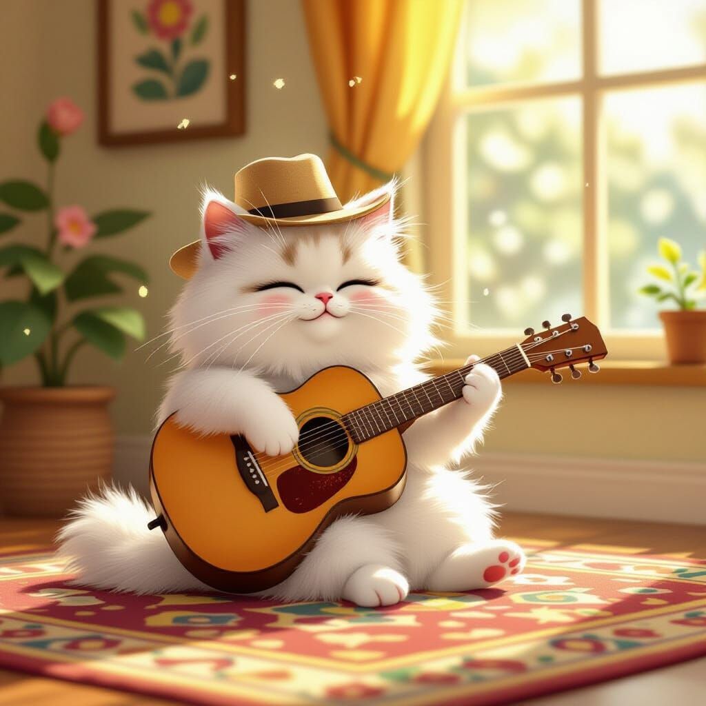 Fluffy White Cat Playing Guitar on Rug