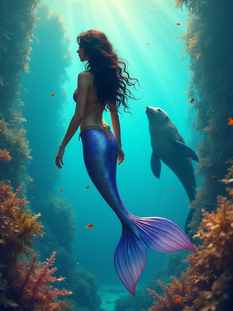 Beautiful tranquil undersea scene with a gorgeous blue, purple, and gold mermaid is facing away from us and swimming up and to the left, her...