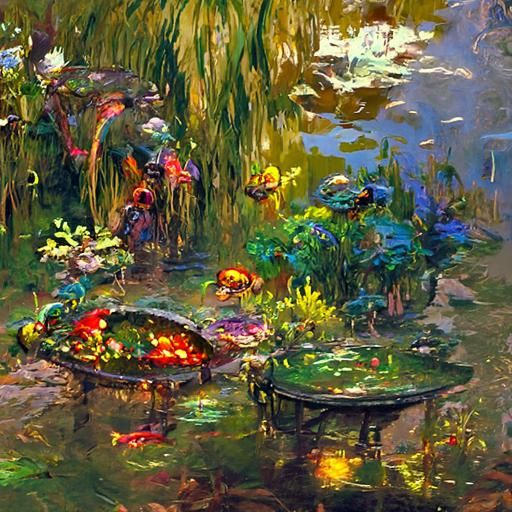 Fish pond by Claude Ferdinand Knab oil on canvas detailed