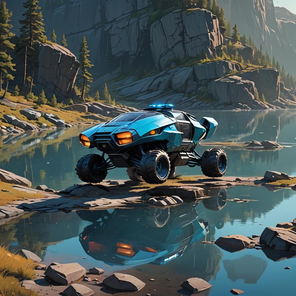 Futuristic Amphibious Vehicle on Rocky Shoreline