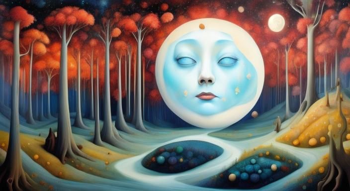 a parrot alien face at night in a surreal forest with realis...