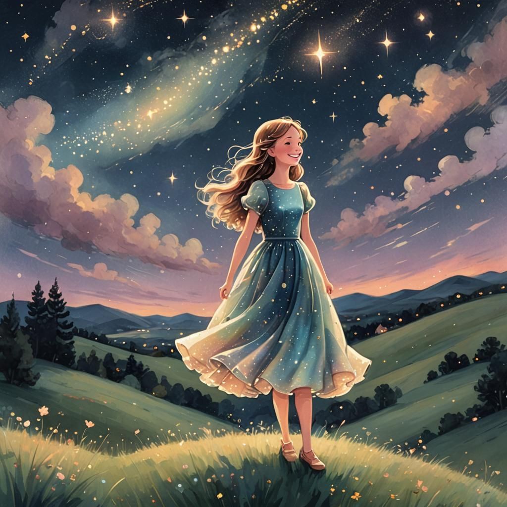 Whimsical Girl Gazing at Stars in Dreamy Illustration