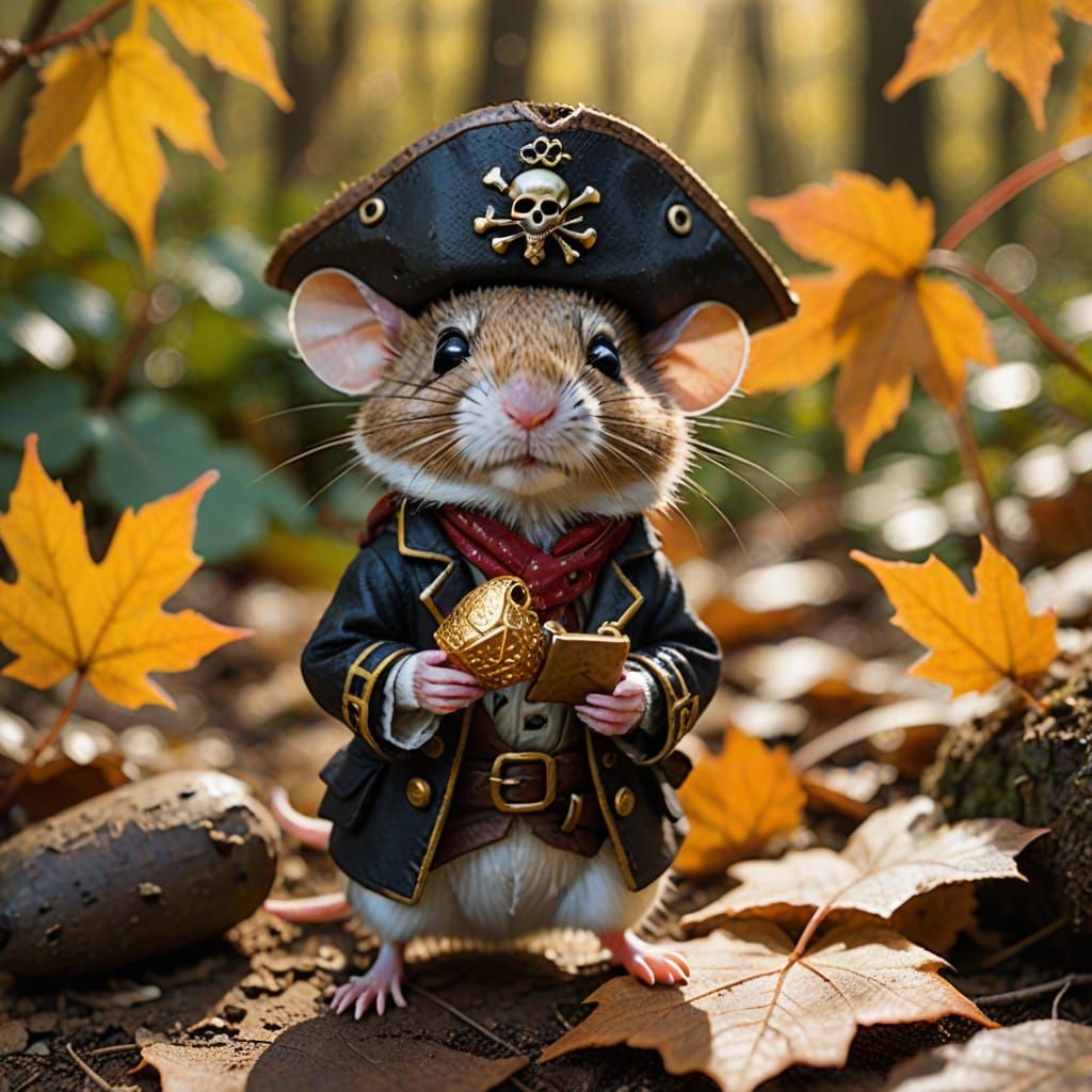 Impressionism. Macro shot. A tiny field mouse dressed as a pirate, complete with an eyepatch and a miniature bandana, clutching a tiny treas...