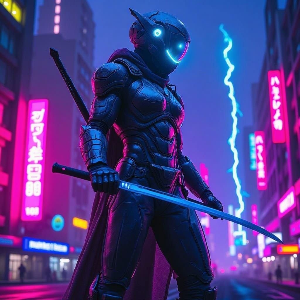 A futuristic cyberpunk warrior standing on a neon-lit rooftop, glowing holographic signs and electric blue lightning streaks in the backgrou...