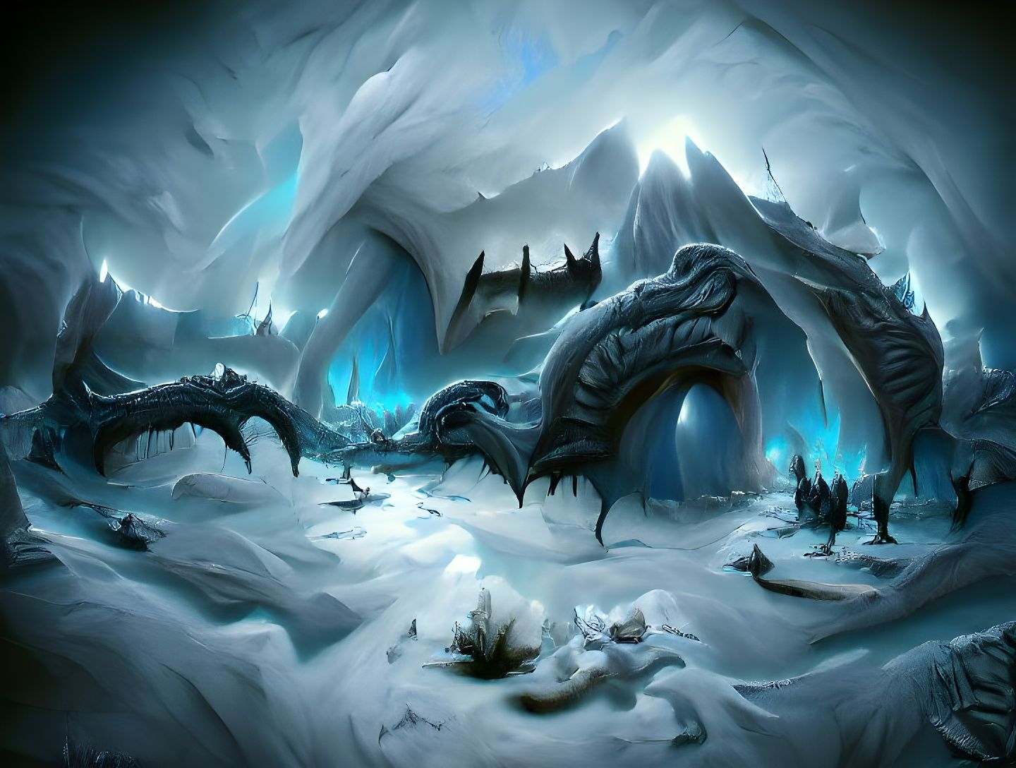 The cold dark icy lair of the Frost Wyrm. trending on Artstation landscape art.