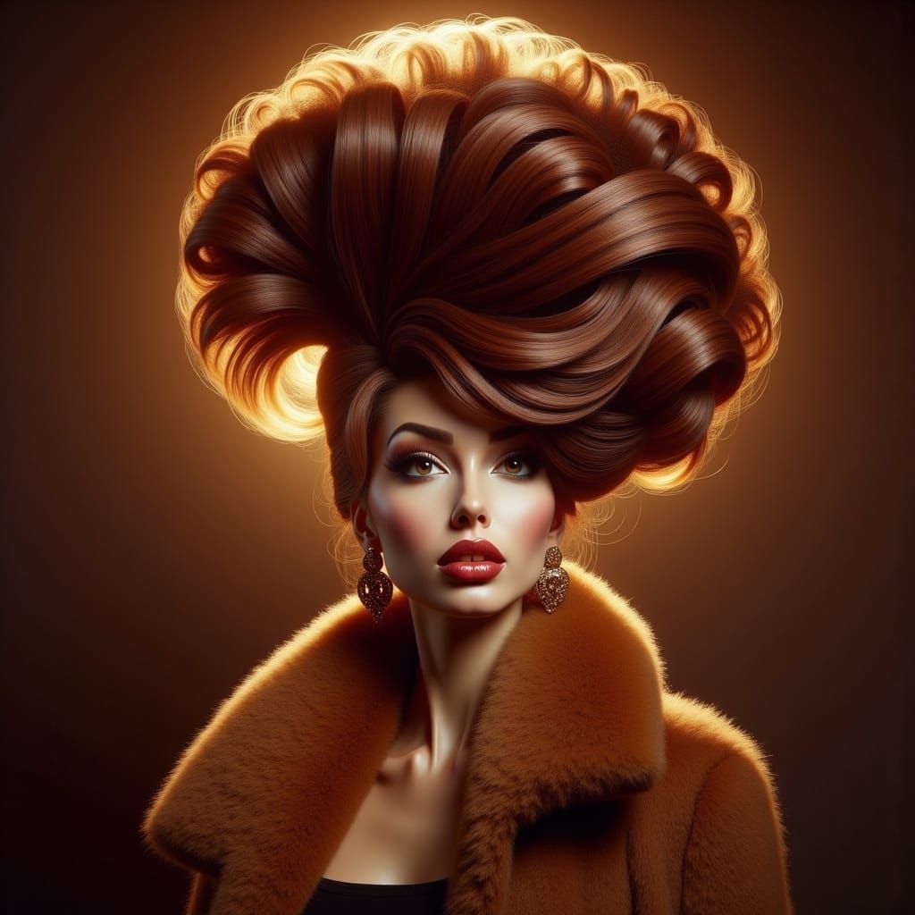  <lora:Big Flux Hair:1.0> beautiful woman with an outrageous beehive hairstyle elegantly dressed, volumetric lighting 