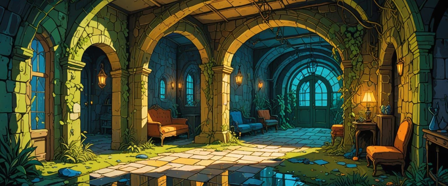 abandoned passageway, mirrors, dungeon, castle, erin hanson, daniel merriam, mysterious, white, travertine walls, arches, couches, tables, d...