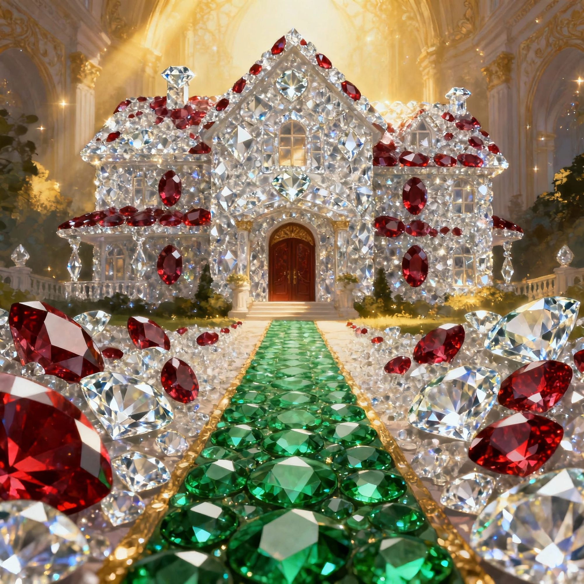 A stately house made of diamonds and rubies, with an emerald walkway. 