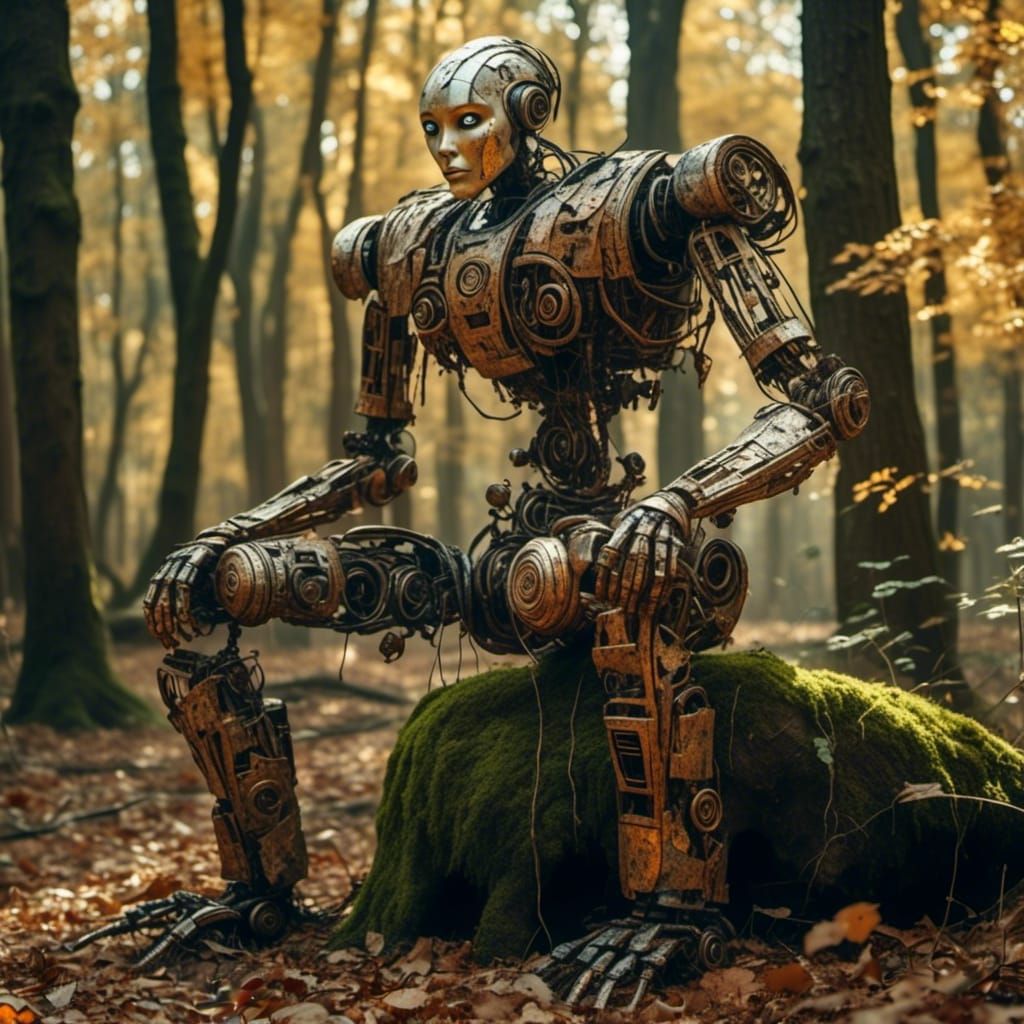  <lora:Exotic Tribal:1.0> A vine-covered robot standing dormant in a forest clearing, with its metallic body rusting under the sunligh