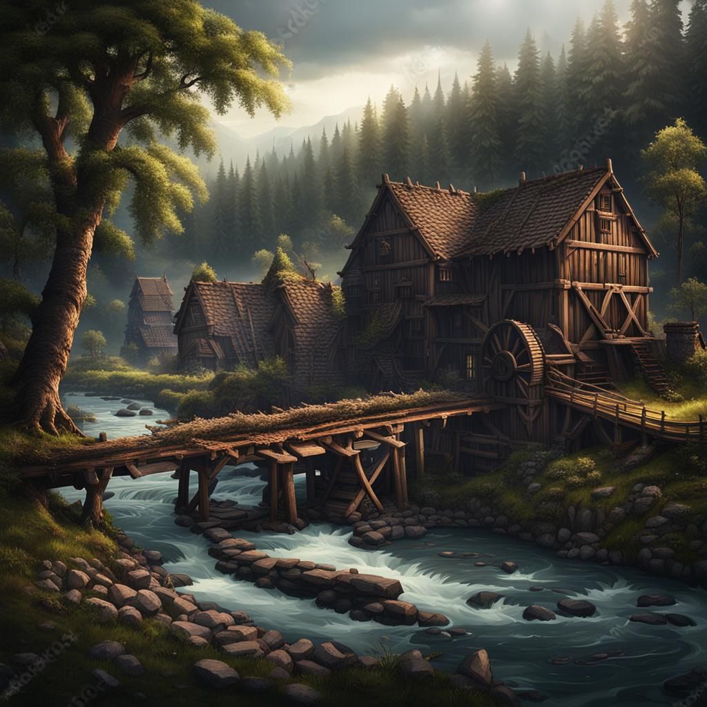 medieval lumbermill near river and ancient dark forest