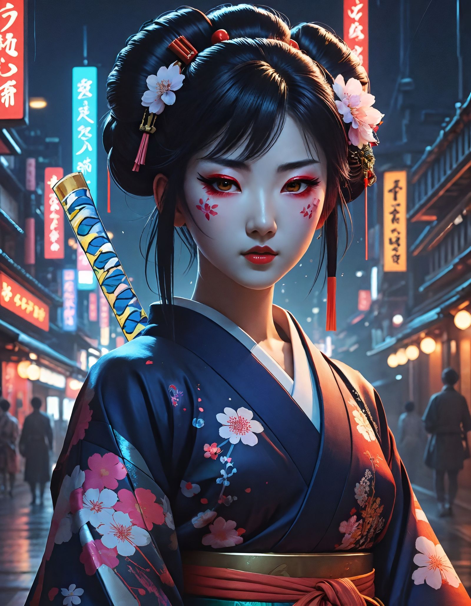 Tokyo Cyberpunk Geisha with Glowing Neon Makeup