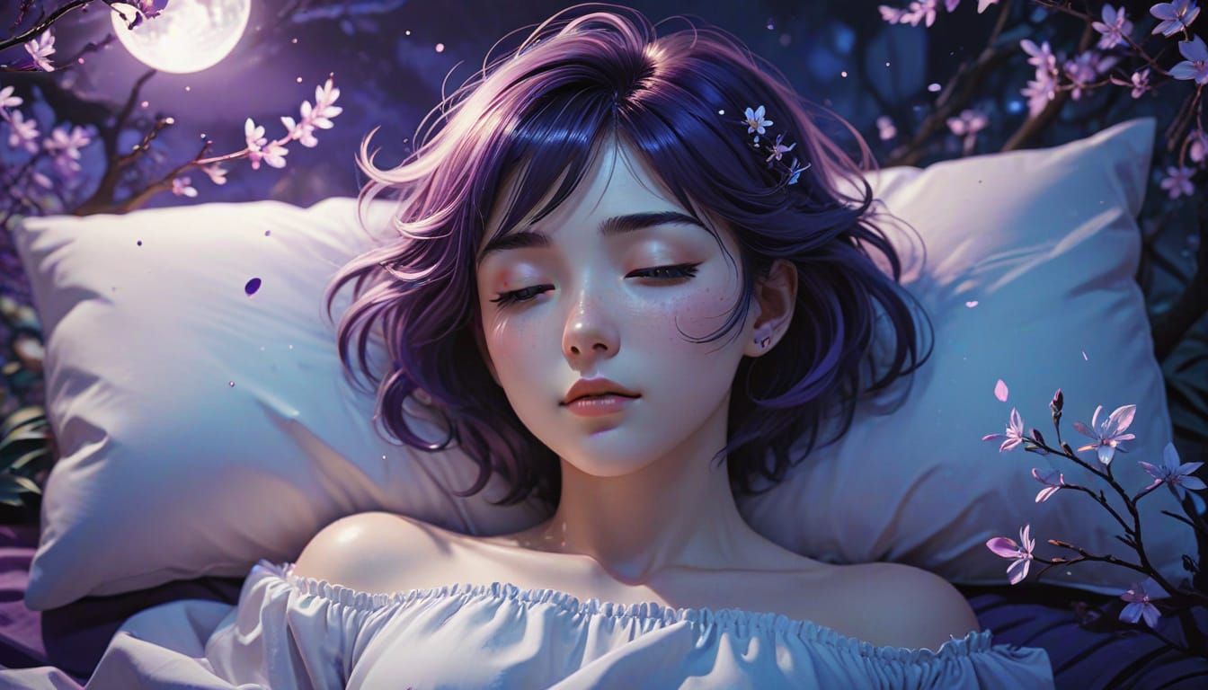 Ethereal Anime Goddess in Dreamy Spring Night Scene