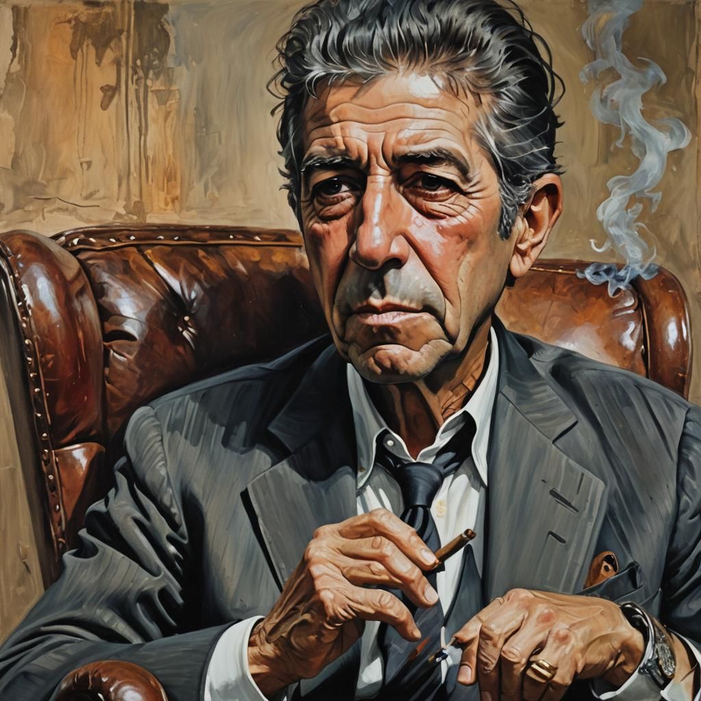 Leonard Cohen sitting in a rocking chair smoking a cigar
