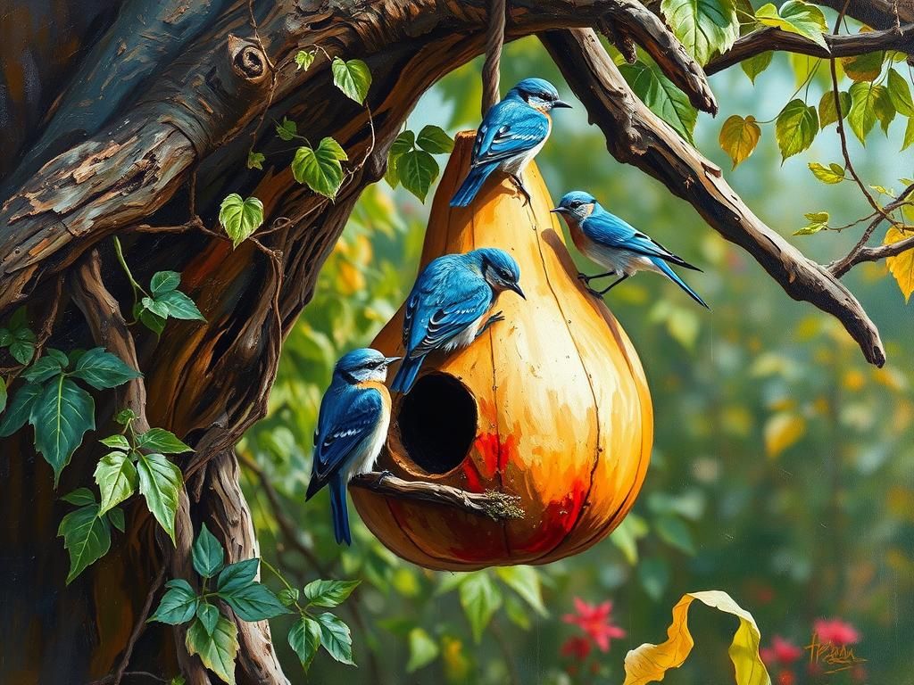 Gourd birdhouse with bluebirds