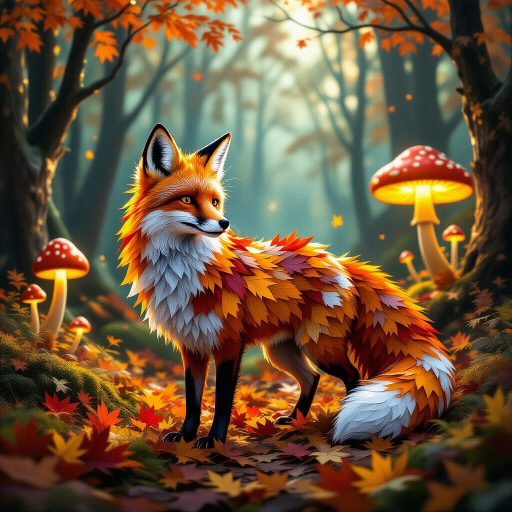 A graceful fox made of bright autumn leaves