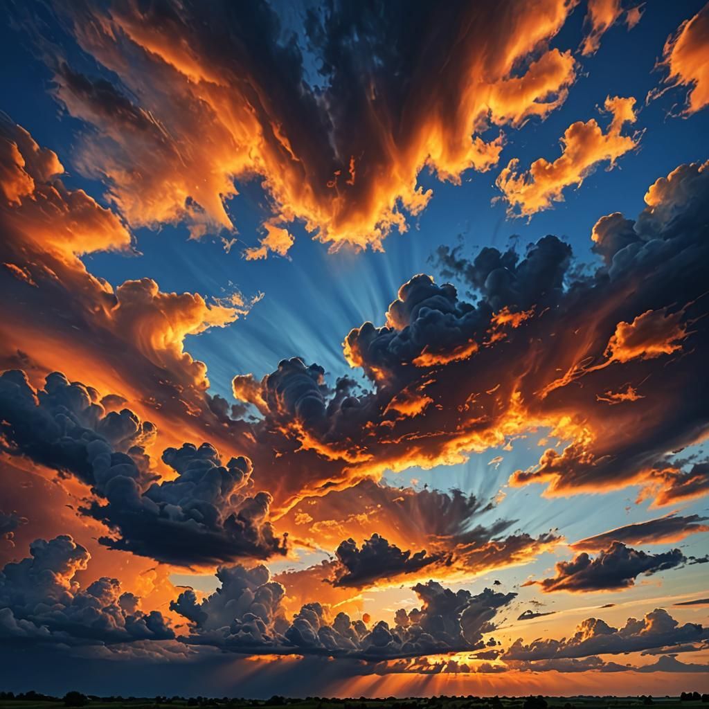 Dramatic sunset sky, fiery orange and blue clouds, landscape