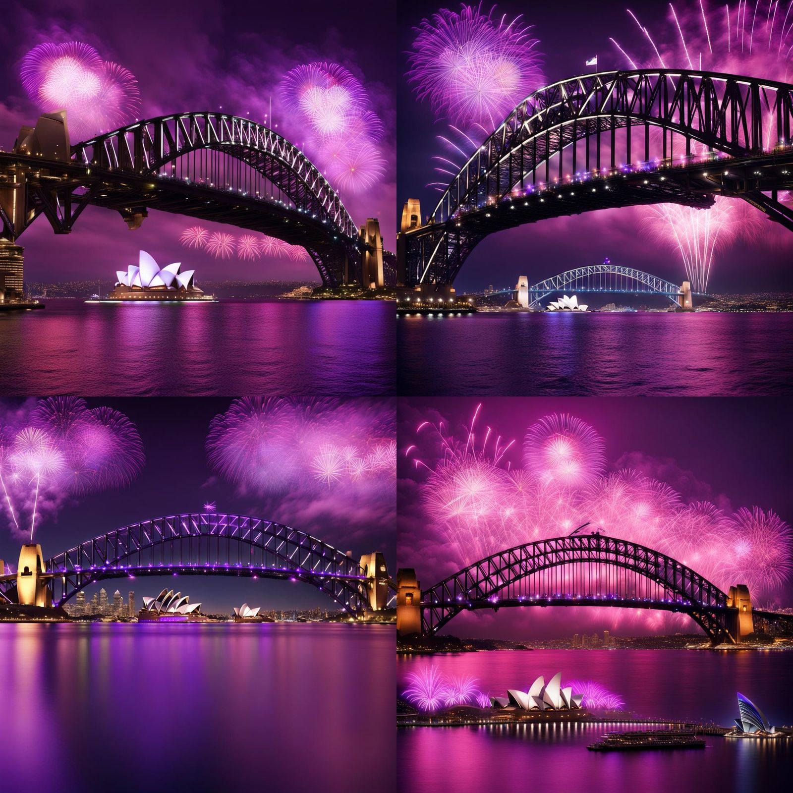 Sydney harbour bridge and opera house. Purple fireworks. New Year AI