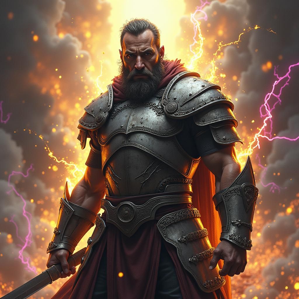 Create a dynamic scene featuring a powerful warrior at the c...