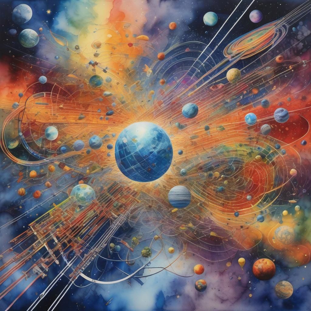 watercolor masterpiece of alternate timelines as vivid cosmi...