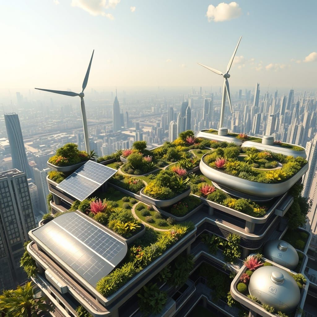 A rooftop garden city powered by solar panels and wind turbines.  by @ I love 1 4