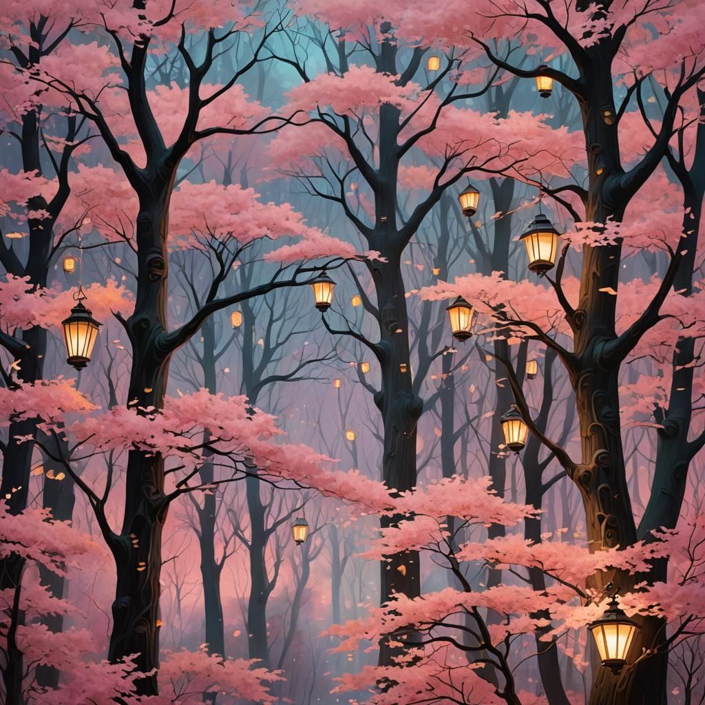 Mystical Forest with Glowing Embers in Dreamlike Style