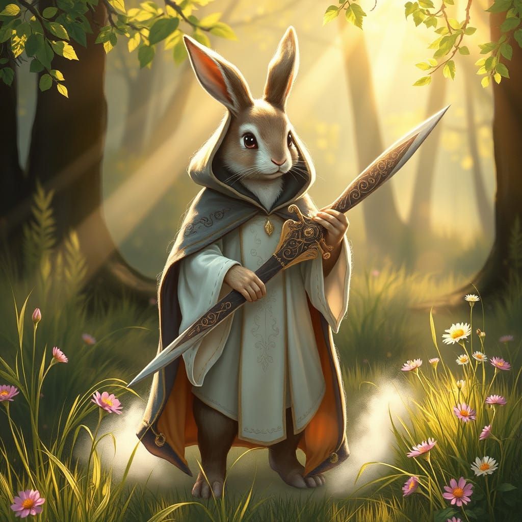 Harengon in Solar Glow, Whimsical Forest Scene - AI Art