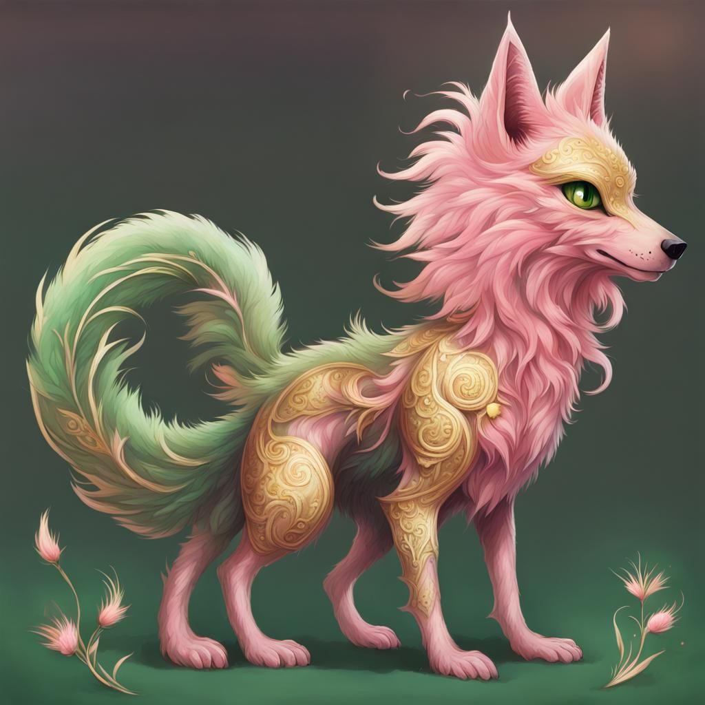A wolfish creature with earthy green fur shining golden eyes...